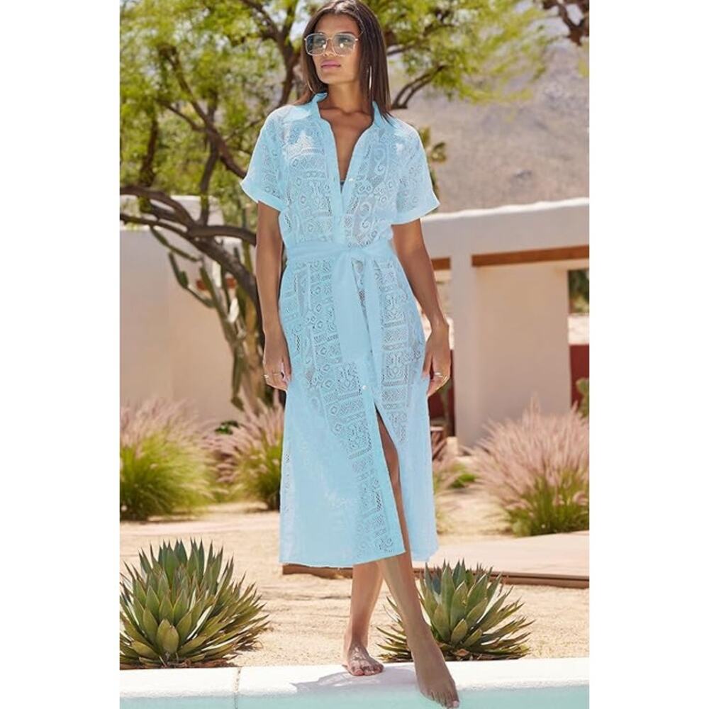 Becca Light Blue Collard Swimsuit Coverup Dress Large Cotton Guaze Lace Sheer